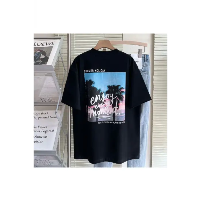 Kadın Siyah Enjoy Every Moment Baskılı Oversize Bisiklet Yaka Tshirt