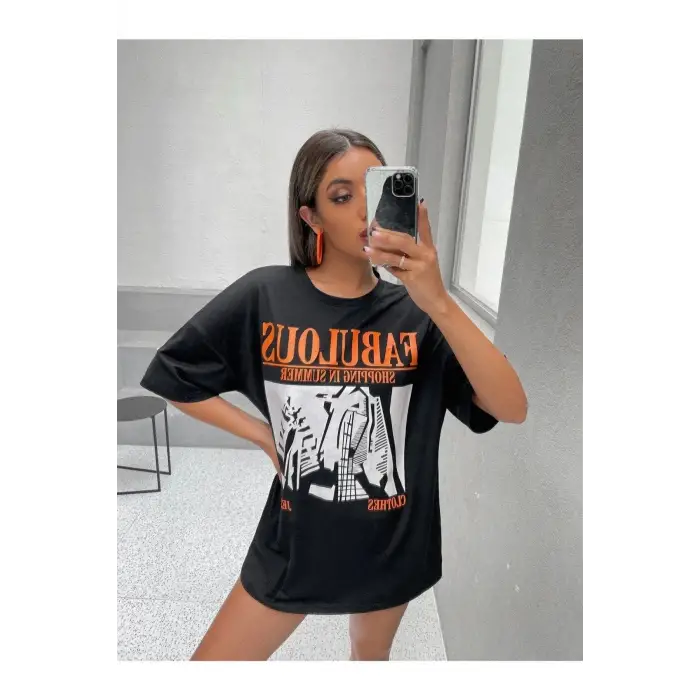 Kadın Siyah Fabulous Baskılı Oversize Bisiklet Yaka Tshirt