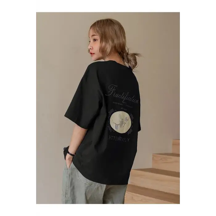 Kadın Siyah Fructification Baskılı Oversize T-shirt