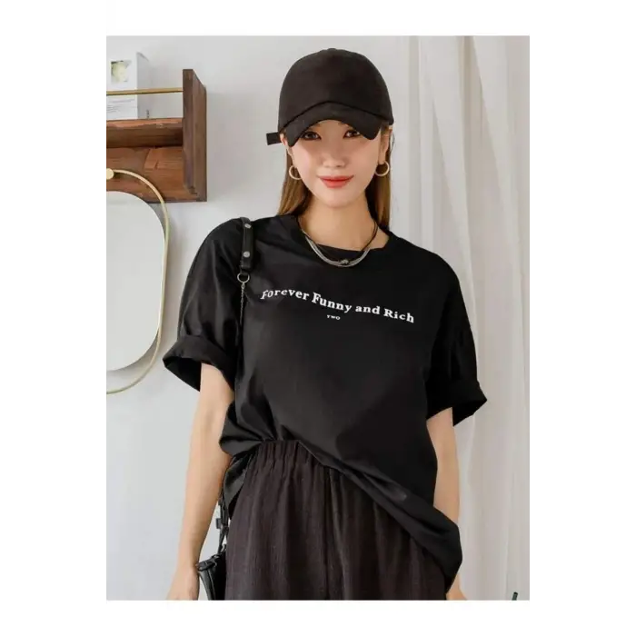 Kadın Siyah Funny Baskılı Oversize T-shirt
