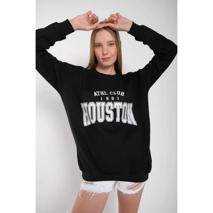 Kadın Siyah Houston Baskılı Bisiklet Yaka Oversize Sweatshirt mdgnhouston