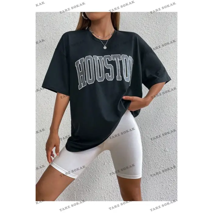 Kadın Siyah Houston Baskılı Oversize