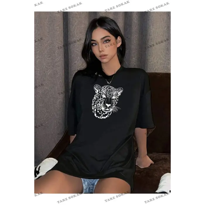 Kadın Siyah Leopar Figür Baskılı Oversize