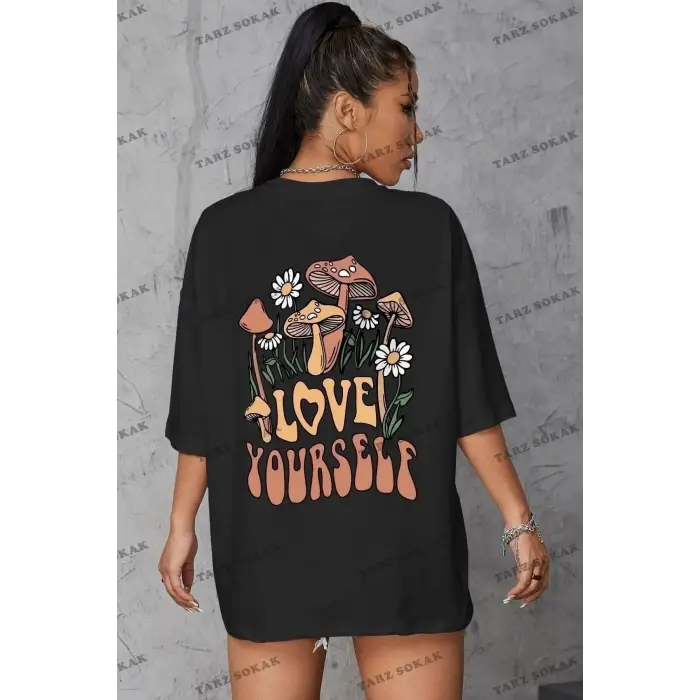 Kadın Siyah Love Yourself Baskılı Oversize