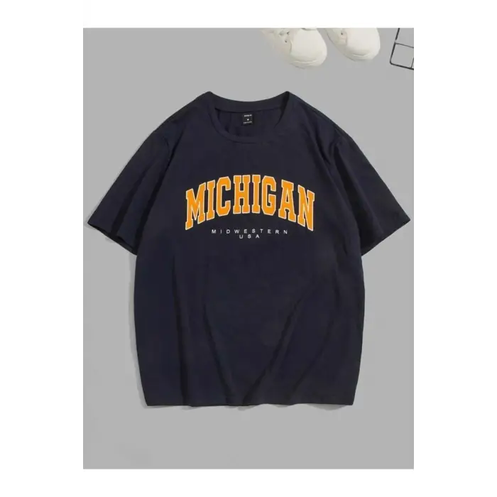 Kadın Siyah Mıchıgan Baskılı Oversize Bisiklet Yaka Tshirt