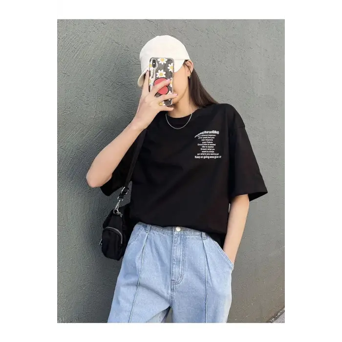 Kadın Siyah Nothing For Nothing Baskılı Oversize T-shirt