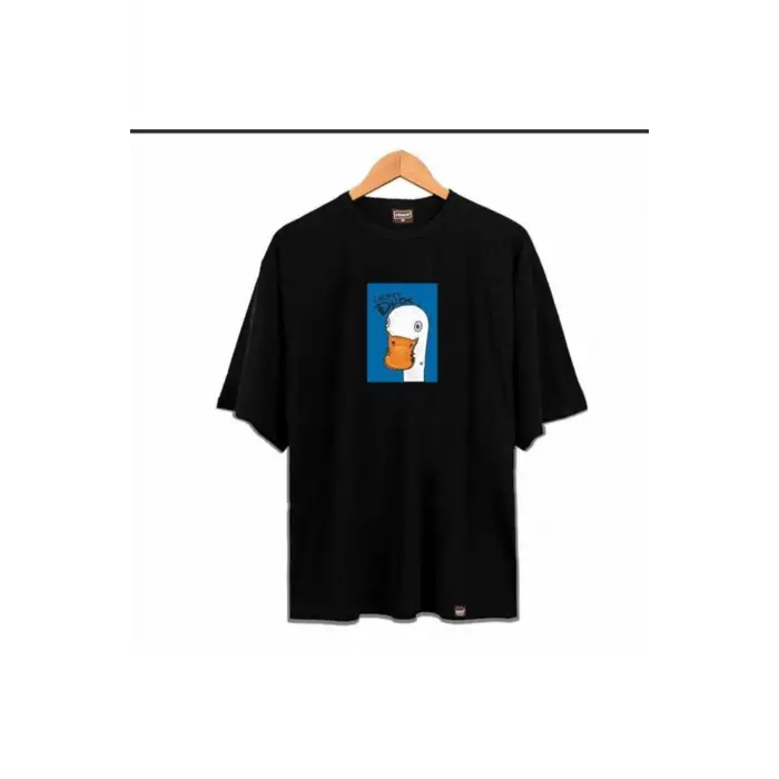 Kadın Siyah Ördek Baskılı Oversize Bisiklet Yaka Tshirt