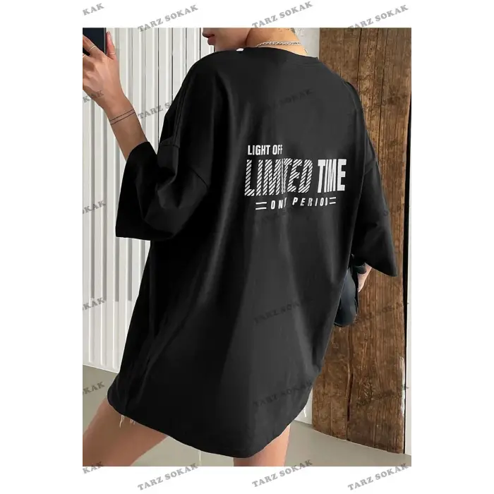 Kadın Siyah Oversize Limited Time Baskılı