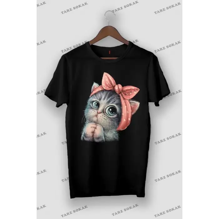 Kadın Siyah Sevimli Minik Kedi Baskılı Oversize