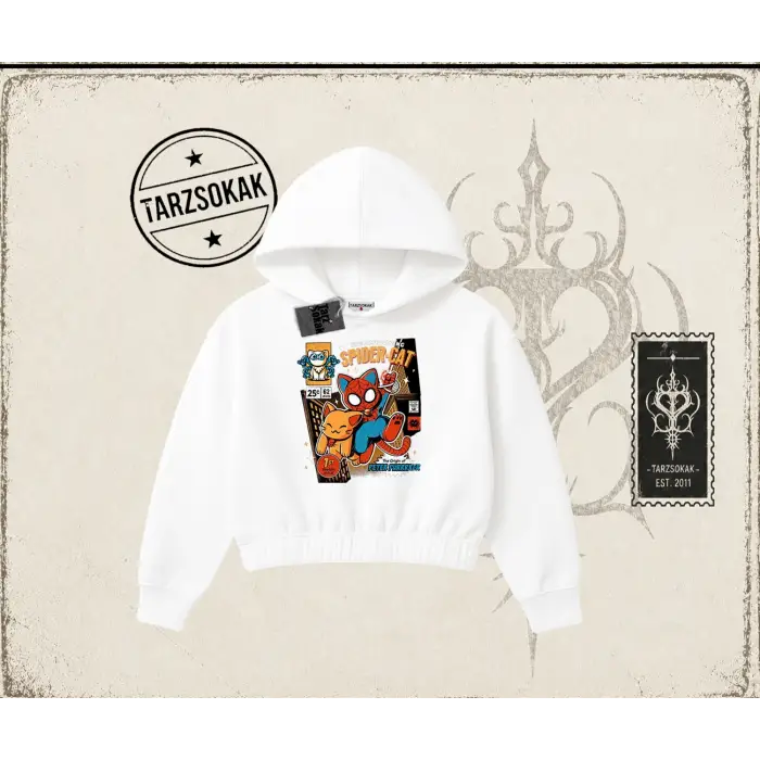 Kadın Spider Cat Kadın Crop Kapşonlu Sweatshirt Beyaz