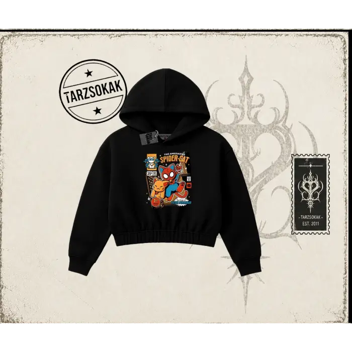Kadın Spider Cat Kadın Crop Kapşonlu Sweatshirt Beyaz