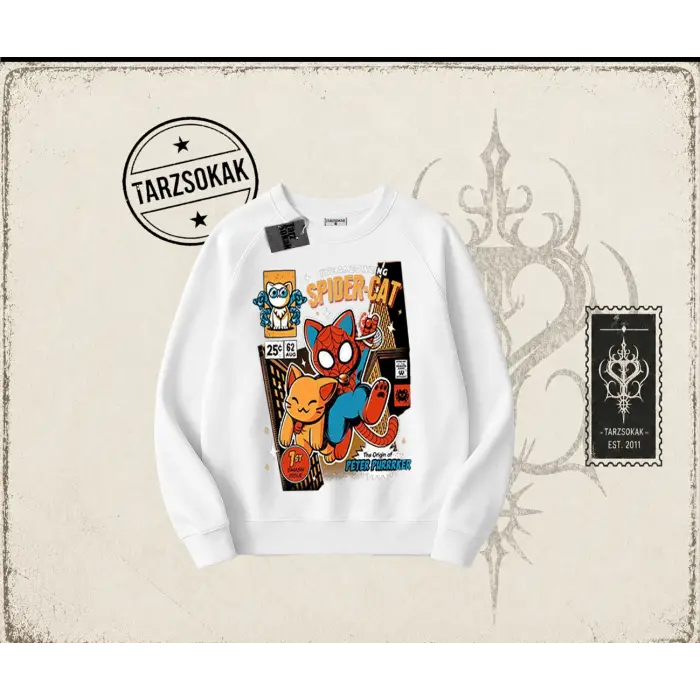 Kadın Spider Cat Oversize Unisex Bisiklet Yaka Sweatshirt Beyaz