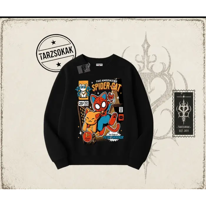 Kadın Spider Cat Oversize Unisex Bisiklet Yaka Sweatshirt Beyaz