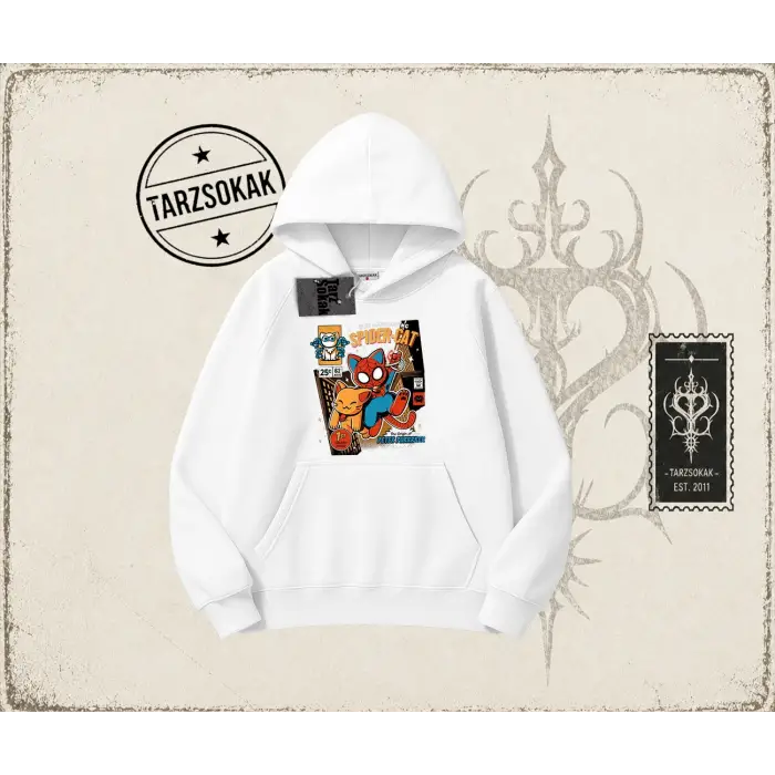 Kadın Spider Cat Oversize Unisex Kapşonlu Sweatshirt Beyaz