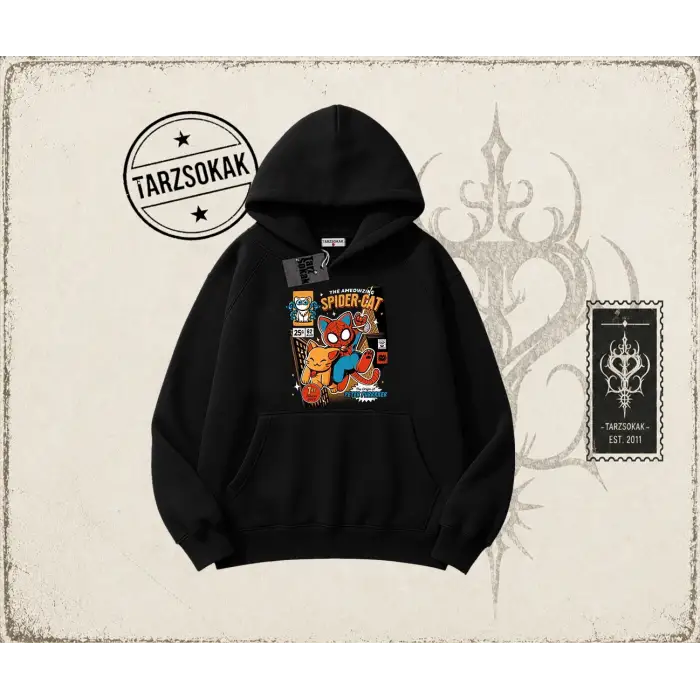 Kadın Spider Cat Oversize Unisex Kapşonlu Sweatshirt Beyaz