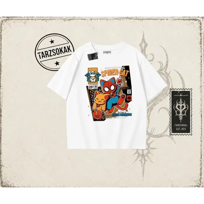 Kadın Spider Cat Oversize Unisex Tişört Beyaz
