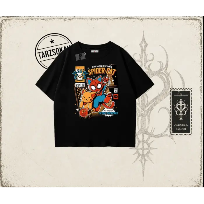 Kadın Spider Cat Oversize Unisex Tişört Beyaz