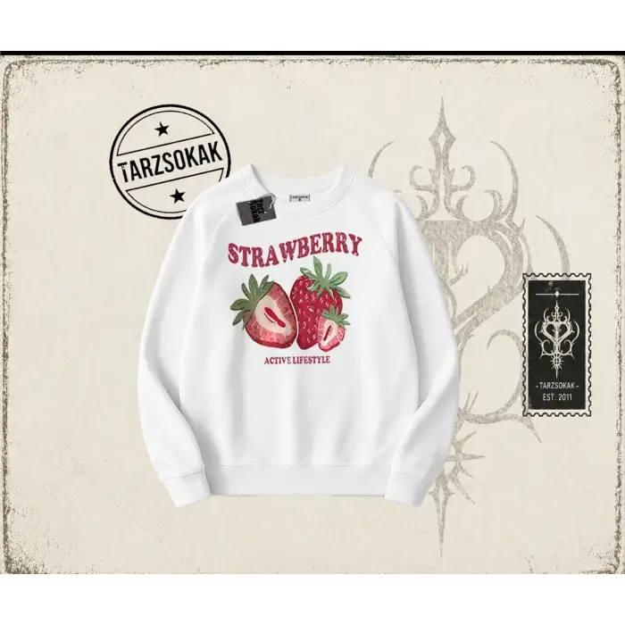 Kadın Strawberry Active Lifestyle Oversize Unisex Bisiklet Yaka Sweatshirt Beyaz