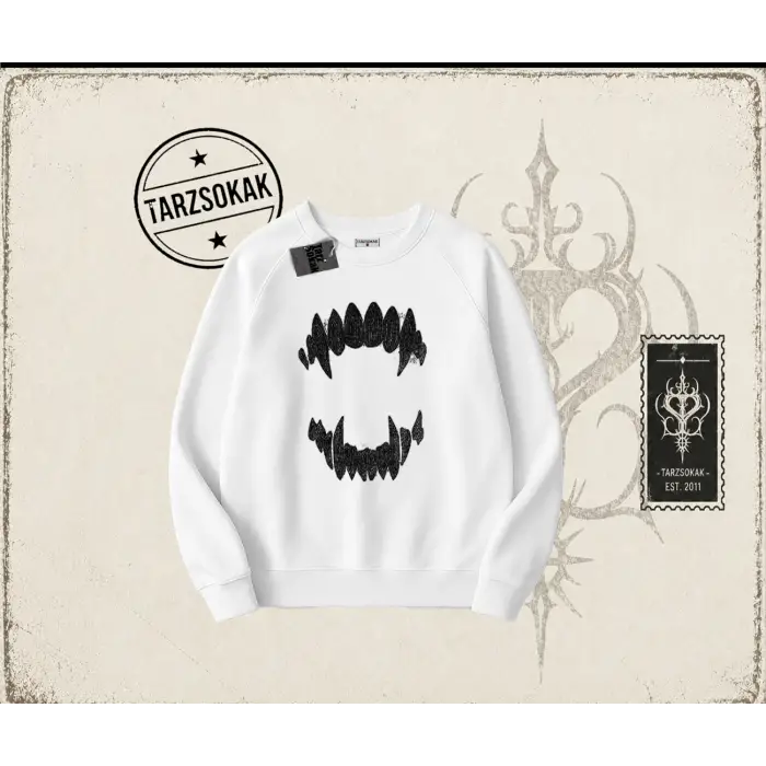 Kadın Teeth Oversize Unisex Bisiklet Yaka Sweatshirt Beyaz