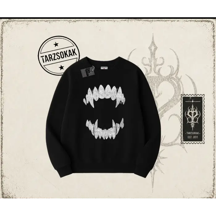 Kadın Teeth Oversize Unisex Bisiklet Yaka Sweatshirt Beyaz