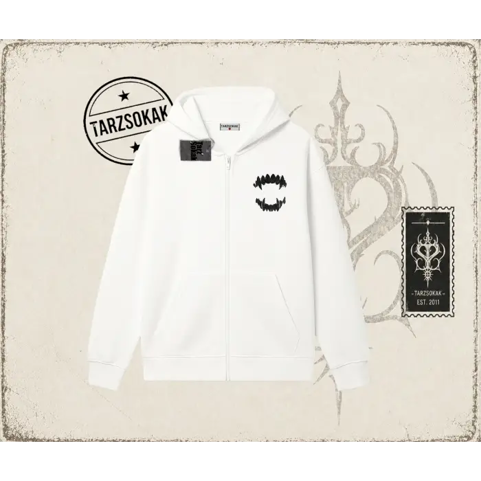 Kadın Teeth Oversize Unisex Hırka & Çeket Fermuarlı Sweatshirt Beyaz