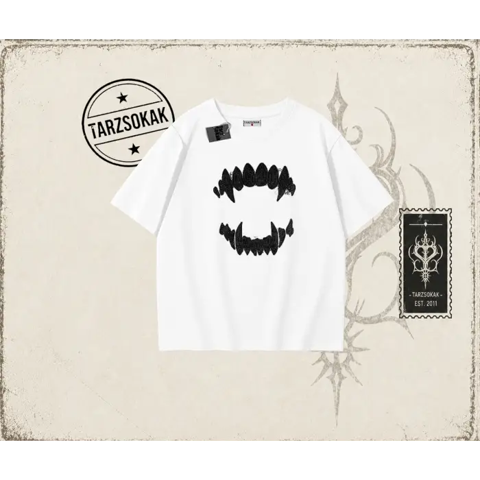 Kadın Teeth Oversize Unisex Tişört Beyaz