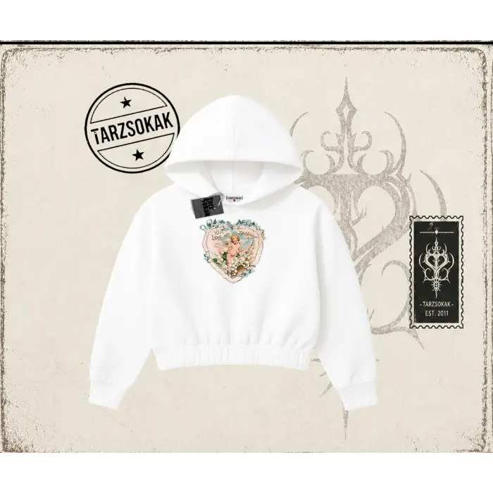Kadın with Love and Devotion Kadın Crop Kapşonlu Sweatshirt Beyaz