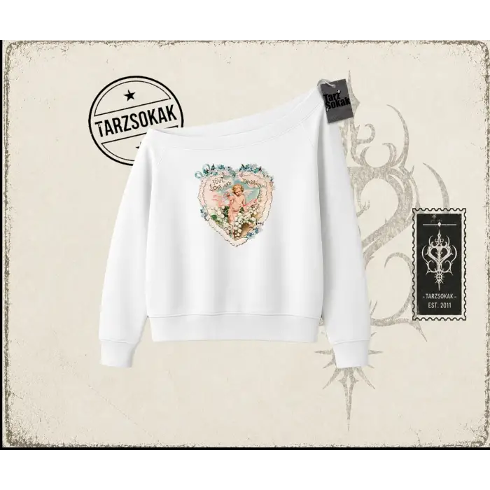 Kadın with Love and Devotion Kadın Kayık Yaka Sweatshirt Beyaz