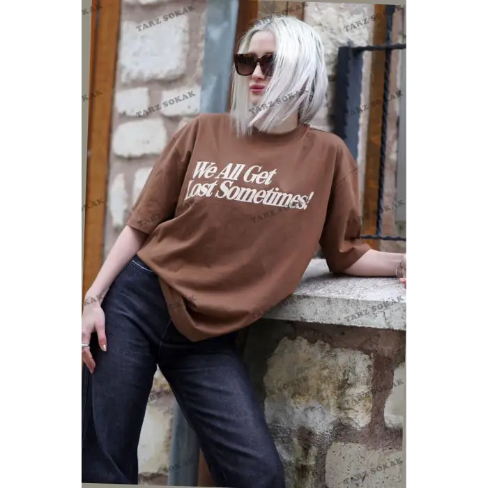 Kahverengi Baskılı Oversize Tişört