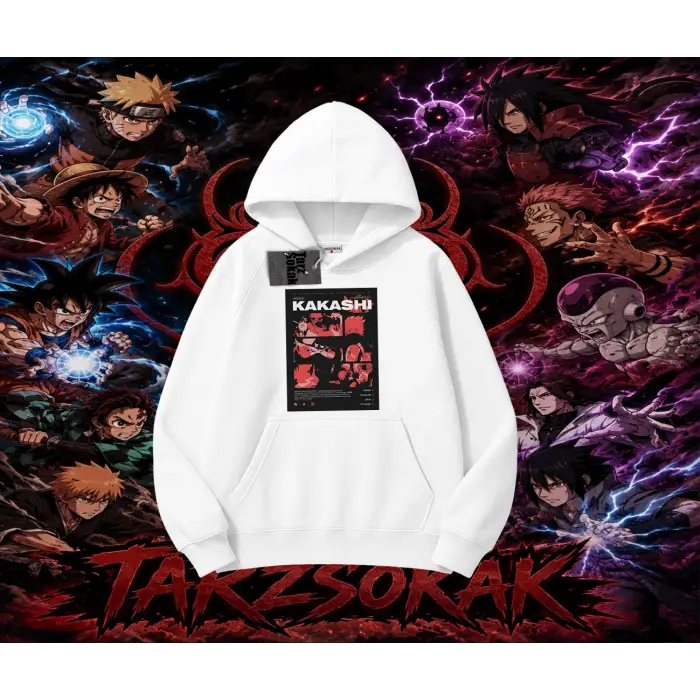 Kakashi Hatake Naruto Anime Karakteri Oversize Unisex Kapşonlu Sweatshirt Beyaz