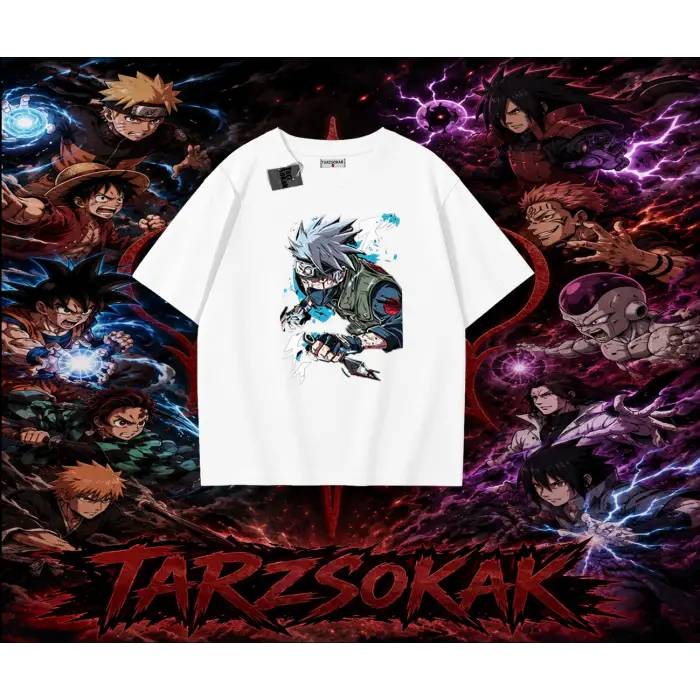Kakashi Hatake Naruto Anime Karakteri Oversize Unisex Tişört Beyaz