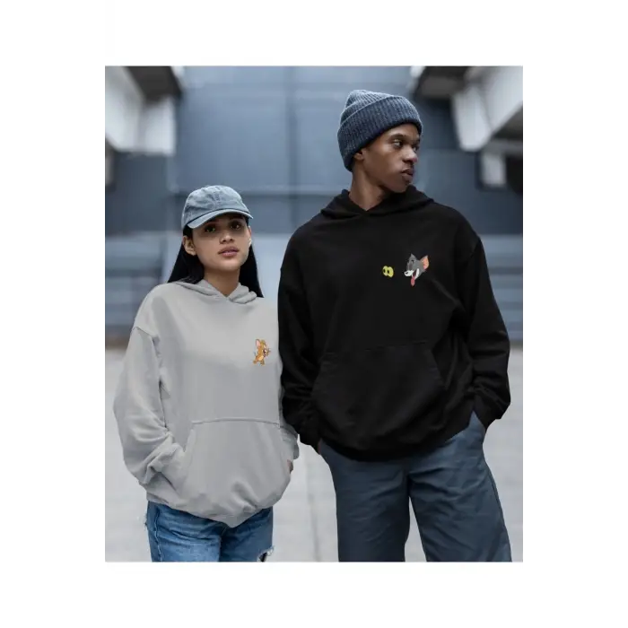 Kaliteli çift sevgili kombini tom ve jerry unisex kapşonlu
