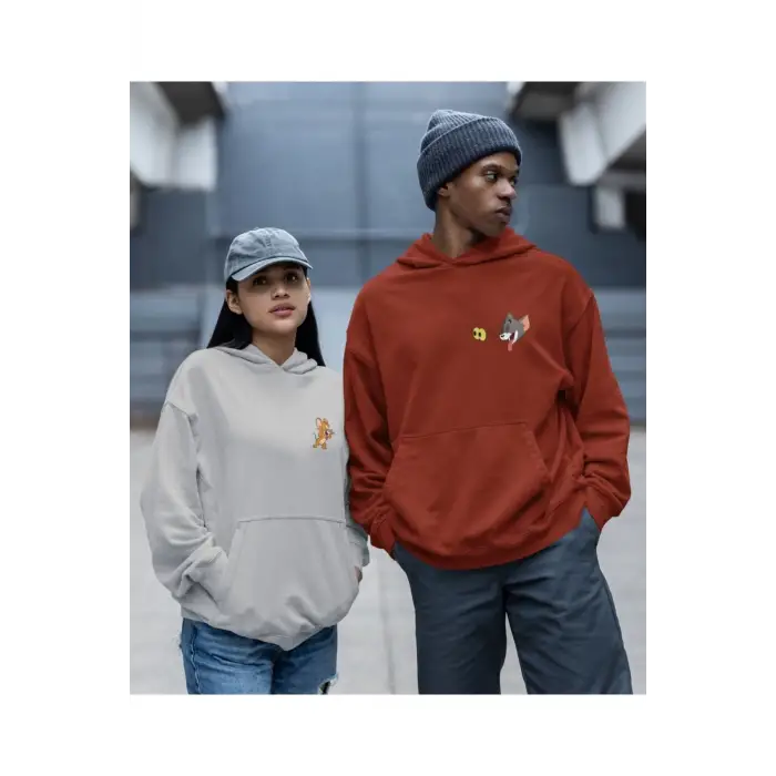 Kaliteli çift sevgili kombini tom ve jerry unisex kapşonlu