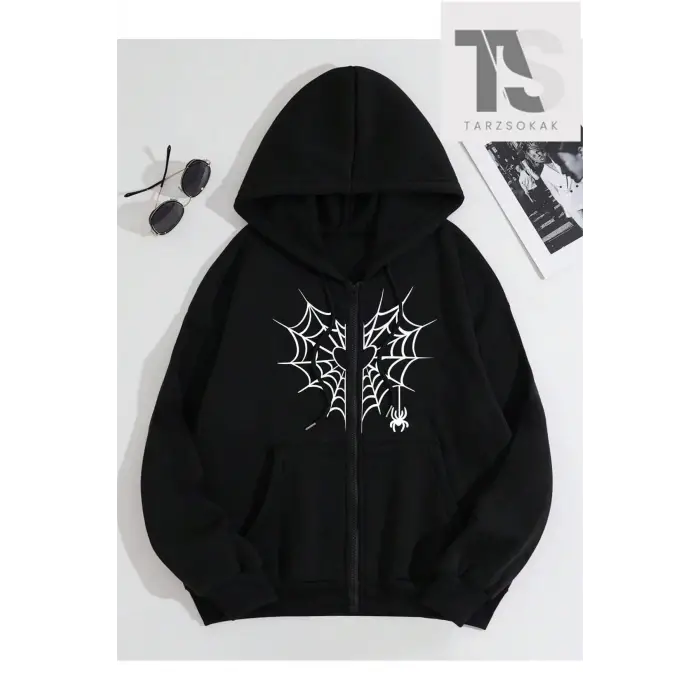Kalp Ağ Minimal Örümcek Sweatshirt Fermuarlı Hırka