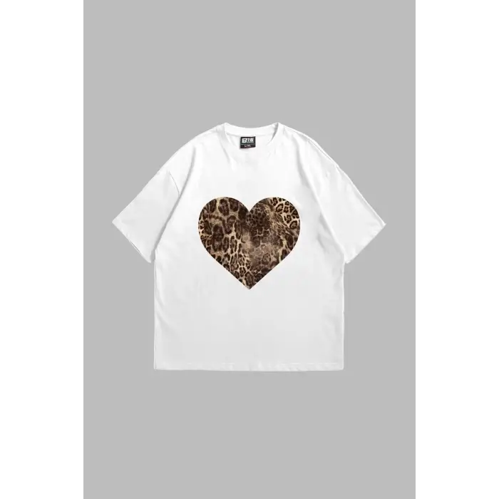 Kalp Leopar Baskılı 24/1 Oversize Unisex Beyaz