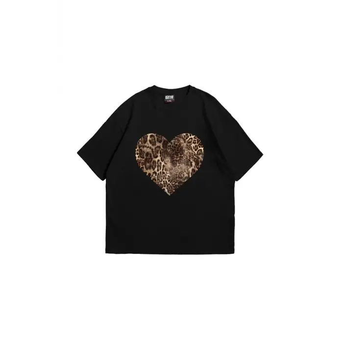 Kalp Leopar Baskılı 24/1 Oversize Unisex Siyah