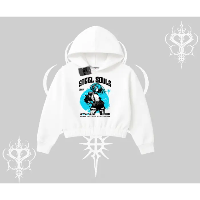 Kapşonlu Crop Sweatshirt Anime Cyberpunk Kız Baskılı