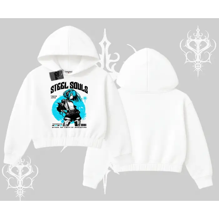 Kapşonlu Crop Sweatshirt Anime Cyberpunk Kız Baskılı