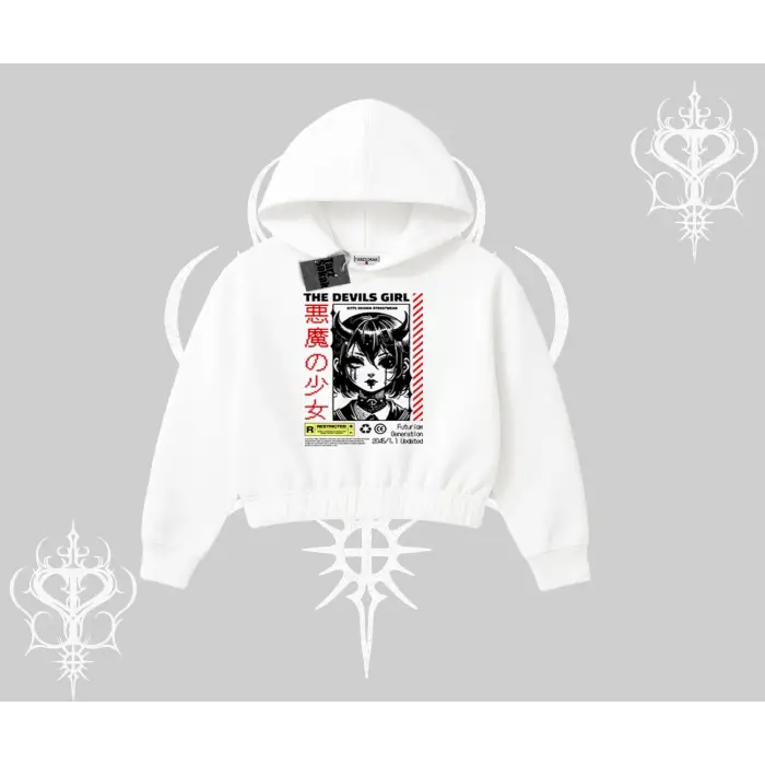 Kapşonlu Crop Sweatshirt Anime Devils Girl Japanese Style Baskılı