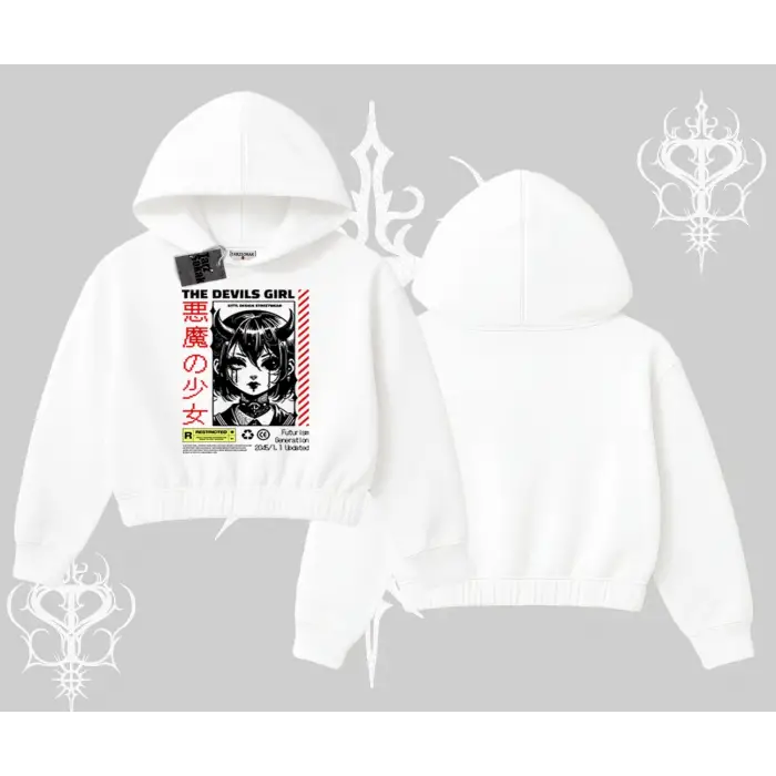 Kapşonlu Crop Sweatshirt Anime Devils Girl Japanese Style Baskılı