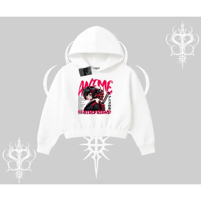 Kapşonlu Crop Sweatshirt Anime Girlfriend Kırmızı