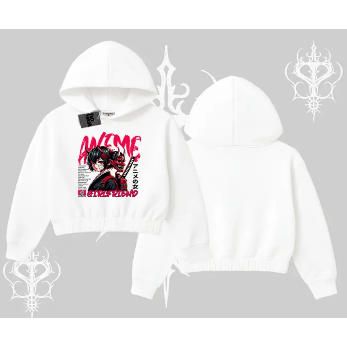 Kapşonlu Crop Sweatshirt Anime Girlfriend Kırmızı