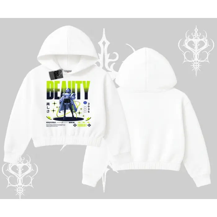 Kapşonlu Crop Sweatshirt Anime Unity Neon Detaylı Grafik Baskılı