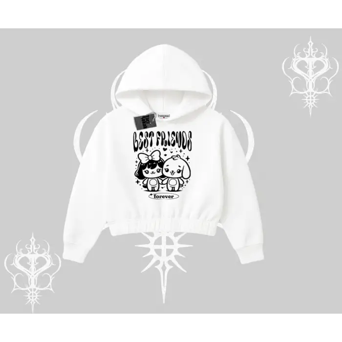 Kapşonlu Crop Sweatshirt Best Friends Forever Baskılı Sevimli Tasarım