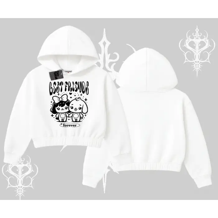 Kapşonlu Crop Sweatshirt Best Friends Forever Baskılı Sevimli Tasarım
