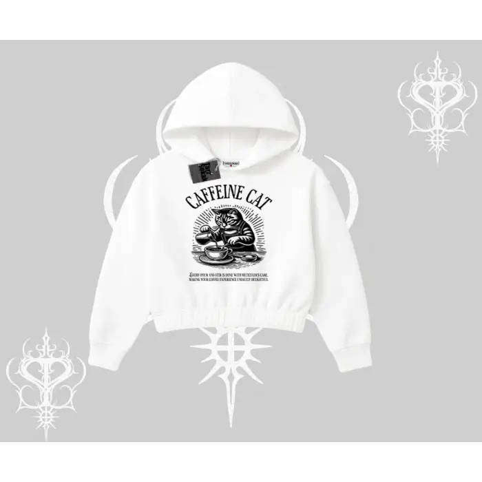 Kapşonlu Crop Sweatshirt Caffeine Cat Kahve Temalı Kedi Baskılı