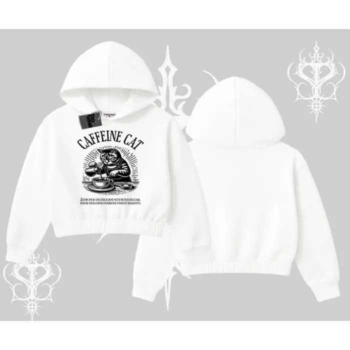 Kapşonlu Crop Sweatshirt Caffeine Cat Kahve Temalı Kedi Baskılı