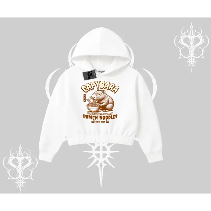 Kapşonlu Crop Sweatshirt Cute Capybara Enjoying Ramen Noodles Artwork