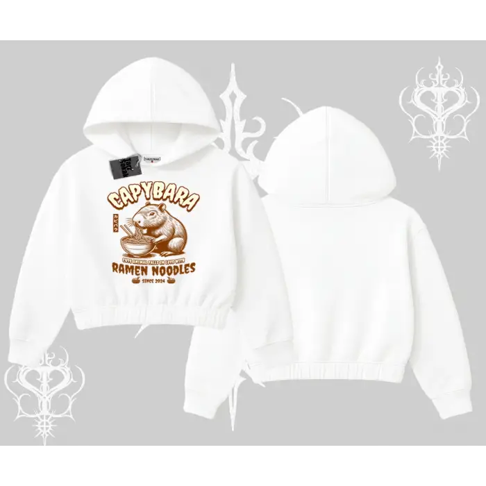 Kapşonlu Crop Sweatshirt Cute Capybara Enjoying Ramen Noodles Artwork