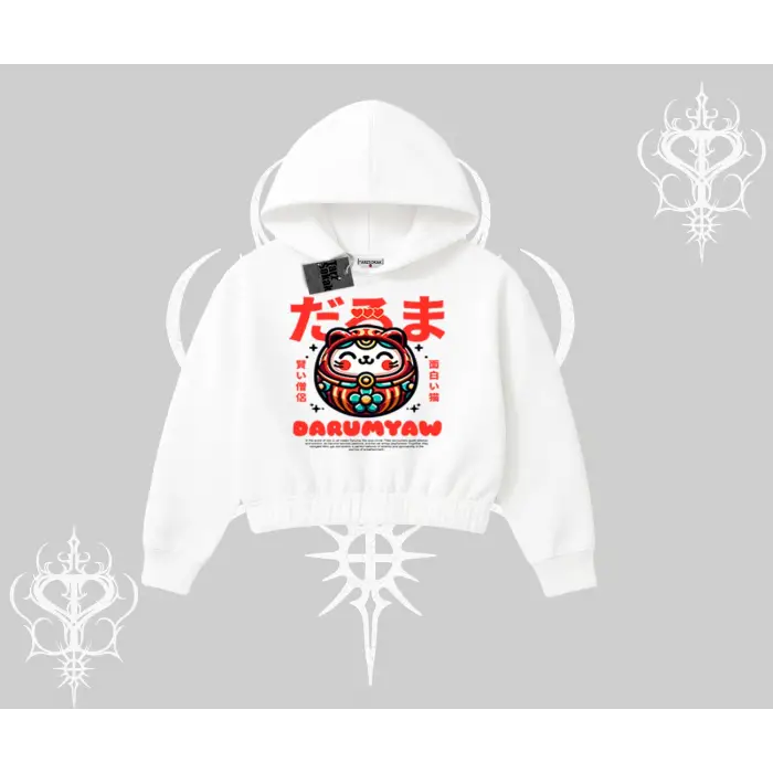 Kapşonlu Crop Sweatshirt Daruma Kedi Anime Baskılı